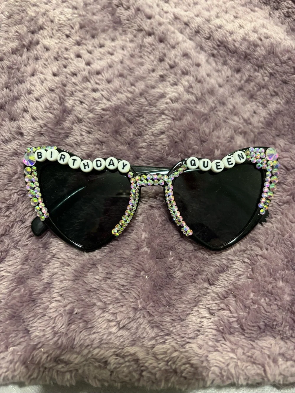 Birthday Queen Black Heart Sunglasses with Iridescent Gems